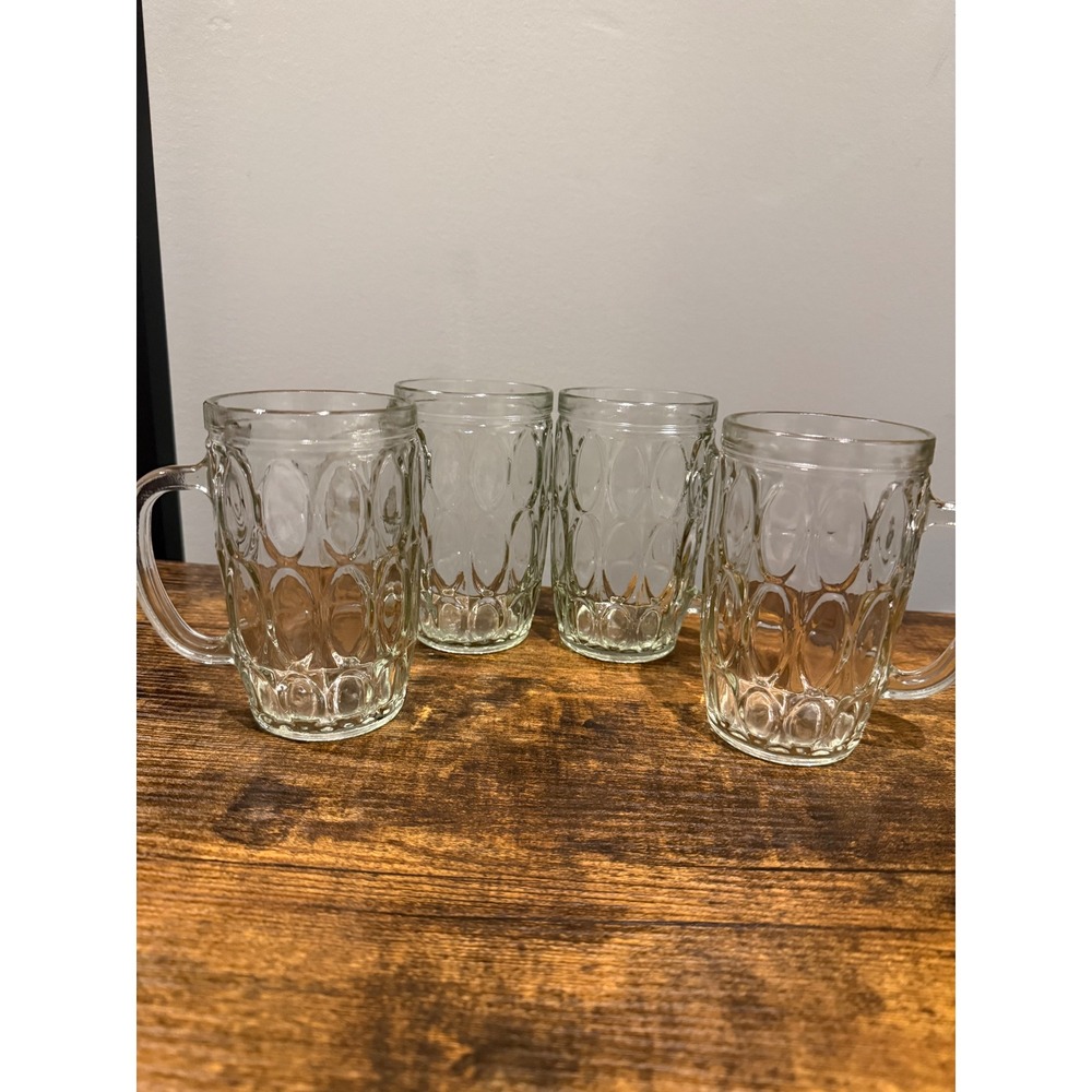 Vintage Thumbprint Glass RootBeer Mugs Set of 4 Clear Dimple Steins 5.5" 16 Oz